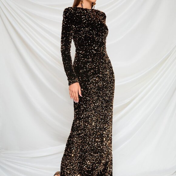 Chocolate Brown Glamorous Women's Round Neck Long Sleeve Evening Gown - Picture 4 of 6